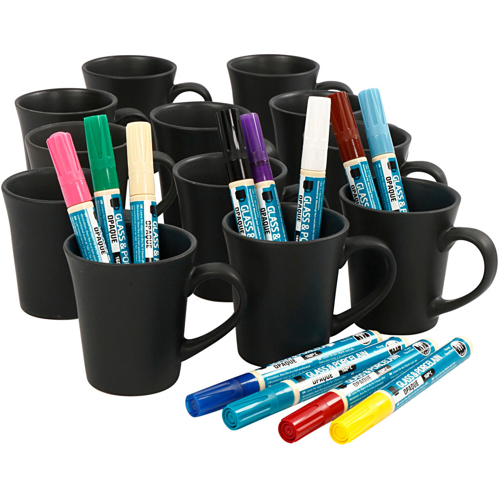 Group Craft Kit Black Mugs Painting, assorted colours, 36 pc