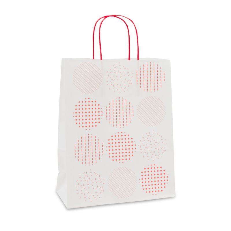 Papiertragetaschen mit gedrehte Griffe - Punkte 22+10x28 cm Weiß (250 Stück) [FP-DPT109]