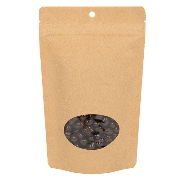 Öko Standbodenbeutel Kraft/Bioplastik 113 Gramm | 13x7.9x20.6cm mit Fenster (100 Stück) [ZBGEO3K]