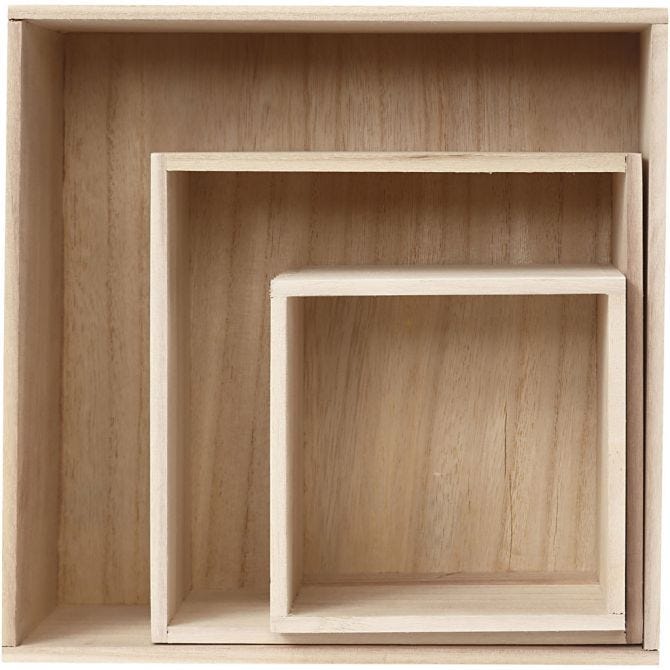 Storage Boxes, square, H: 15x15+21.5x21.5+28x28 cm, depth 12.5 cm, paulownia, 3pcs