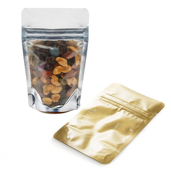 Standbodenbeutel Transparent/Gold 8x5x13cm | 28 Gramm (100 Stück) [ZBGG1]