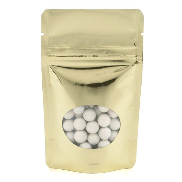 Standbodenbeutel Gold 8x5x13cm | 28 Gramm mit rundem Fenster (100 Stück) [ZBGMO1SG]