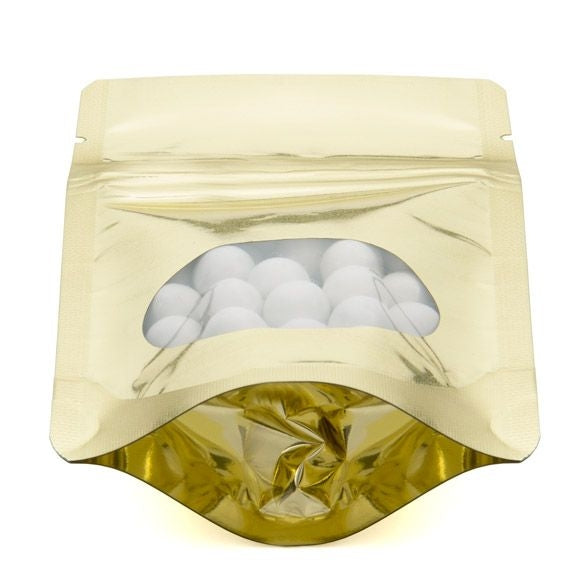 Standbodenbeutel Gold 8x5x13cm | 28 Gramm mit rundem Fenster (100 Stück) [ZBGMO1SG]