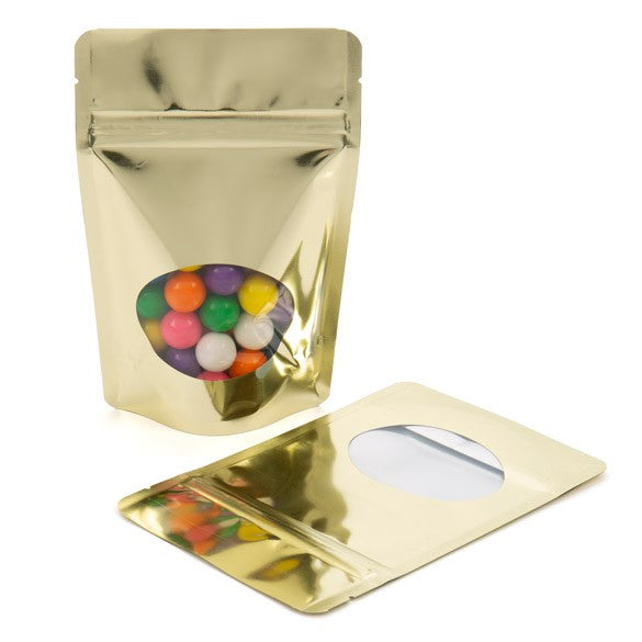 Standbodenbeutel Gold 10.2x6x15.2cm | 57 Gramm mit rundem Fenster (100 Stück) [ZBGMO2SG]