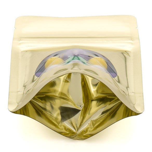 Standbodenbeutel Gold 10.2x6x15.2cm | 57 Gramm mit rundem Fenster (100 Stück) [ZBGMO2SG]
