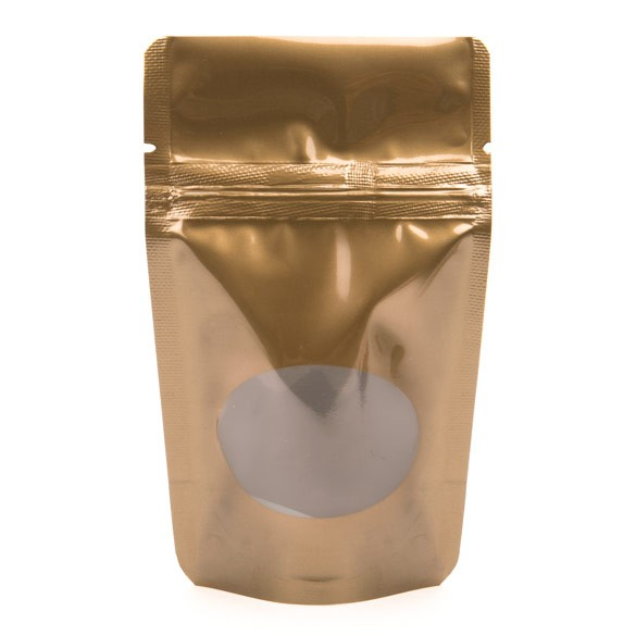 Standbodenbeutel Bronze 8x5x13cm | 28 Gramm mit rundem Fenster (100 Stück) [ZBGO1BZ]