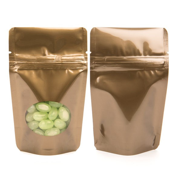 Standbodenbeutel Bronze 8x5x13cm | 28 Gramm mit rundem Fenster (100 Stück) [ZBGO1BZ]