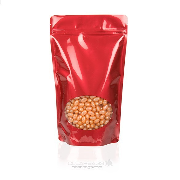 Standbodenbeutel Rot 17x9x28.5cm | 340 Gramm mit rundem Fenster (100 Stück) [ZBGO4R]