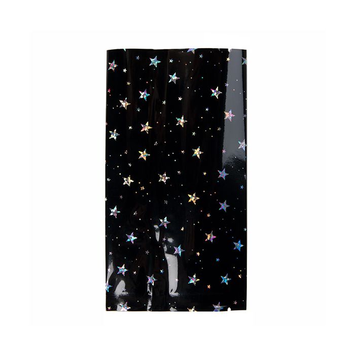 Flat Heat Seal Bags Black Holographic Stars 7,6x14 cm