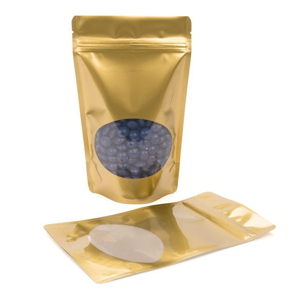 Standbodenbeutel Gold 13x7x20.5cm | 110 Gramm mit rundem Fenster (100 Stück) [ZBGO3G]