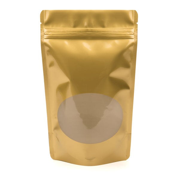 Standbodenbeutel Gold 13x7x20.5cm | 110 Gramm mit rundem Fenster (100 Stück) [ZBGO3G]