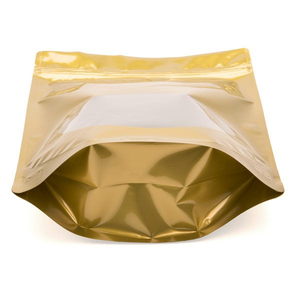 Standbodenbeutel Gold 21x9x29cm | 510 Gramm mit rundem Fenster (100 Stück) [ZBGO5G]