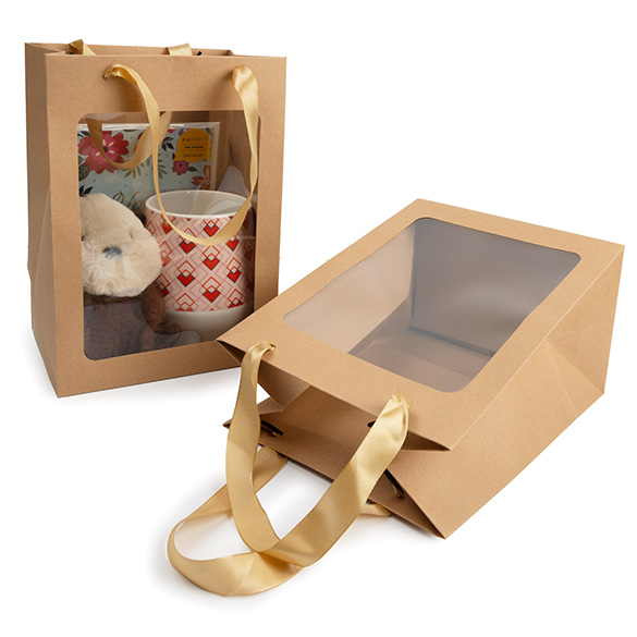 Geschenkbeutel Kraft mit Sichtfenster 17,8x12,7x24,9 cm (10 Stück) [GMBW2K]