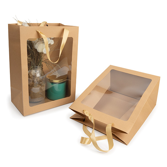Geschenkbeutel Kraft mit Sichtfenster 24,9x15,2x35,1 cm (10 Stück) [GMBW3K]