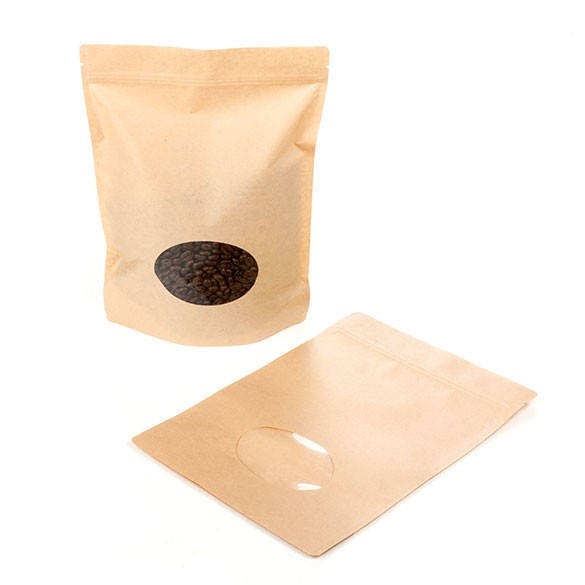 Standbodenbeutel Kraft 21x9x29cm | 510 Gramm mit rundem Fenster (100 Stück) [ZBGO5K]