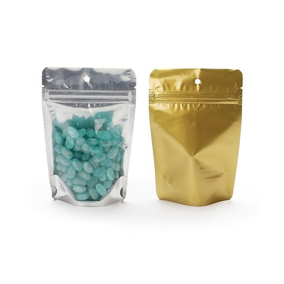 Standbodenbeutel Transparent/Gold 10.2x6x15.2cm | 57 Gramm mit Aufhängeloch (100 Stück) [ZBGG2H]