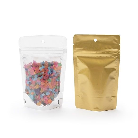 Standbodenbeutel Transparent/Gold 9.5x5.7x15.7cm | 57 Gramm mit Aufhängeloch (100 Stück) [ZBGG35H]