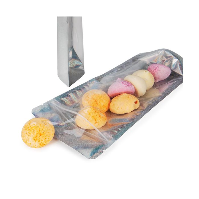 Standbodenbeutel Transparentes/holografisches Glitter 10,8x6x23,8 cm mit Aufhängeloch (25 Stück) [ZBGHG1NC]