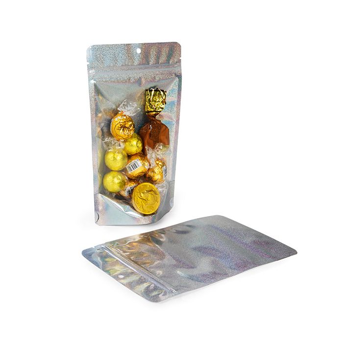 Standbodenbeutel Transparentes/holografisches Glitter 13x7,9x20,6 cm mit Aufhängeloch (25 Stück) [ZBGHG3C]