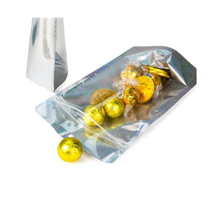 Standbodenbeutel Transparentes/holografisches Glitter 13x7,9x20,6 cm mit Aufhängeloch (25 Stück) [ZBGHG3C]