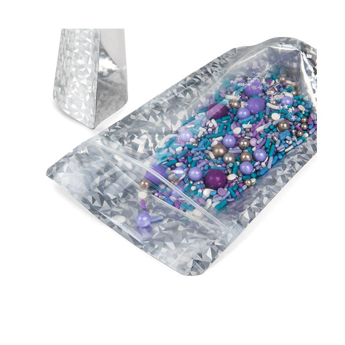 Standbodenbeutel Transparentes/Holografisches Eis 10,2x6x15,2 cm mit Aufhängeloch (25 Stück) [ZBGHI2C]