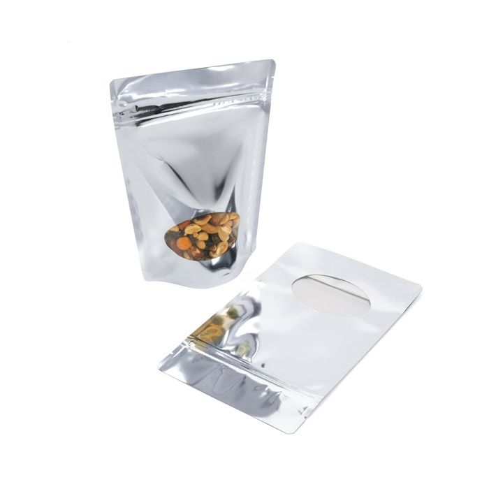 Standbodenbeutel Silber 13x8x20.5cm | 110 Gramm mit rundem Fenster (100 Stück) [ZBGMO3S]