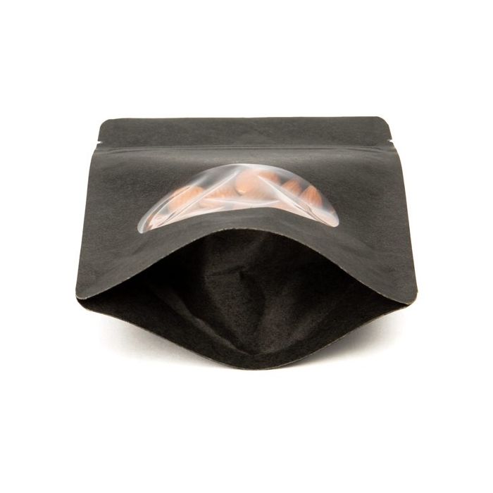 Standbodenbeutel Kraft Schwarz 10.2x6x15.2cm | 57 Gramm mit rundem Fenster (100 Stück) [ZBGO2BK]