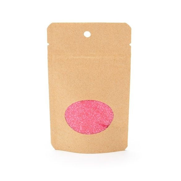 Standbodenbeutel Kraft 8x5x13cm | 28 Gramm mit rundem Fenster & Aufhängeloch (100 Stück) [ZBGO1KH]