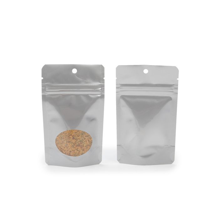 Standbodenbeutel Silber 8x5x13cm | 28 Gramm mit Fenster & Aufhängeloch (100 Stück) [ZBGO1SH]