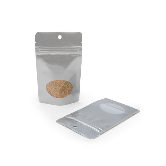 Standbodenbeutel Silber 8x5x13cm | 28 Gramm mit Fenster & Aufhängeloch (100 Stück) [ZBGO1SH]