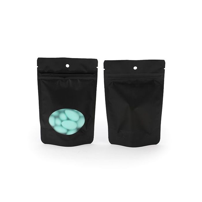 Standbodenbeutel Schwarz mit rundem Sichtfenster & Aufhängeloch 10.2x6x15.2cm 57 Gramm (100 Stück) [ZBGO2MBH]