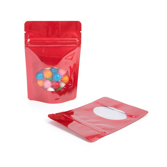 Standbodenbeutel Rot 10.2x6x15.2cm | 57 Gramm mit rundem Fenster (100 Stück) [ZBGO2R]