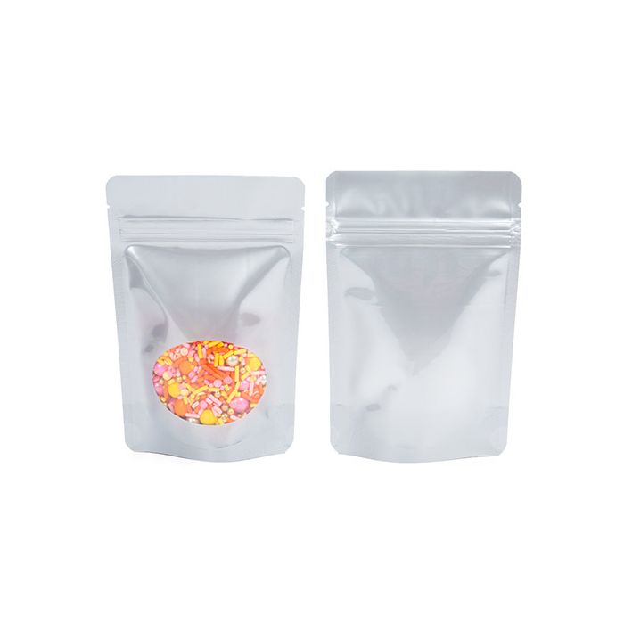 Standbodenbeutel Silber 10.2x6x15.2cm | 57 Gramm mit rundem Fenster (100 Stück) [ZBGO2S]