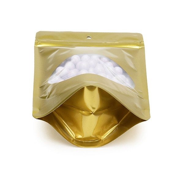 Standbodenbeutel Gold 13x8x20.5cm | 110 Gramm mit rundem Fenster & Aufhängeloch (100 Stück) [ZBGO3GH]