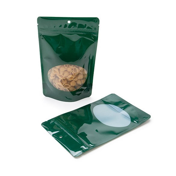 Standbodenbeutel Grün 13x7x20.5cm | 110 Gramm mit rundem Fenster (100 Stück) [ZBGO3HG]