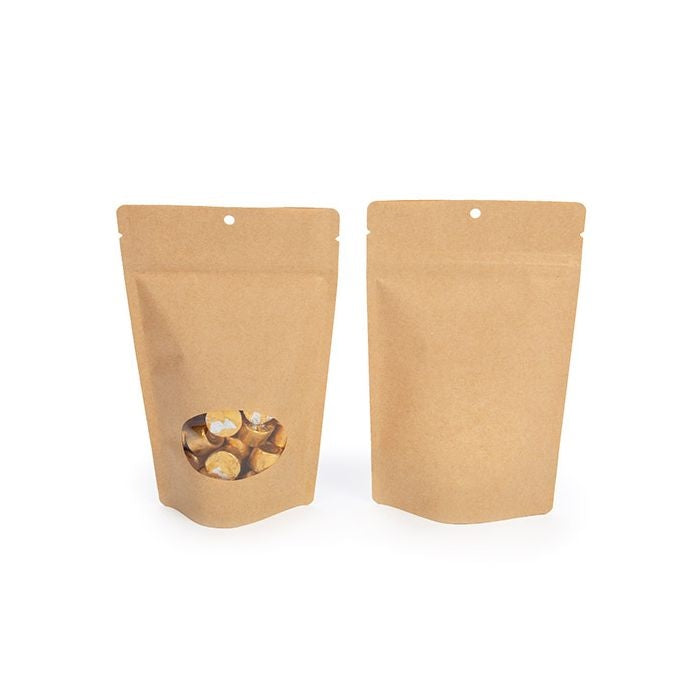 Standbodenbeutel Kraft 13x8x20.5cm | 110 Gramm mit rundem Fenster & Aufhängeloch (100 Stück) [ZBGO3KH]