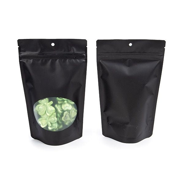 Standbodenbeutel Mattschwarz 13x8x20.5cm | 110 Gramm mit rundem Fenster & Aufhängeloch (100 Stück) [ZBGO3MBH]