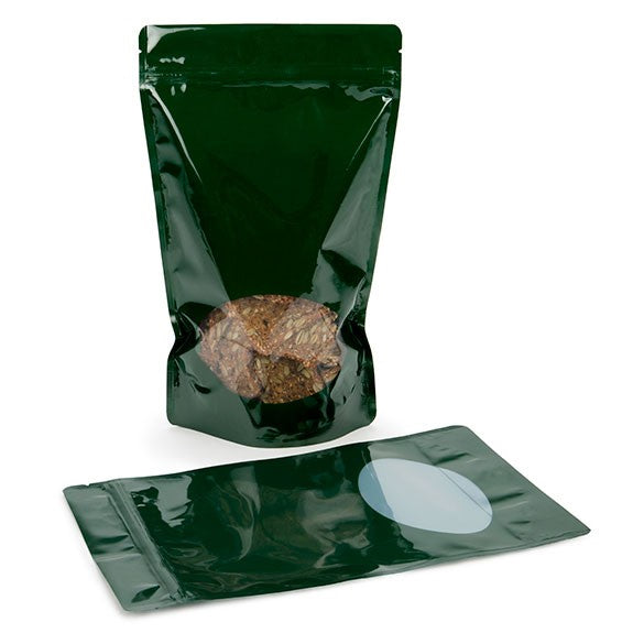 Standbodenbeutel Grün 17x9x28.5cm | 340 Gramm mit rundem Fenster (100 Stück) [ZBGO4HG]