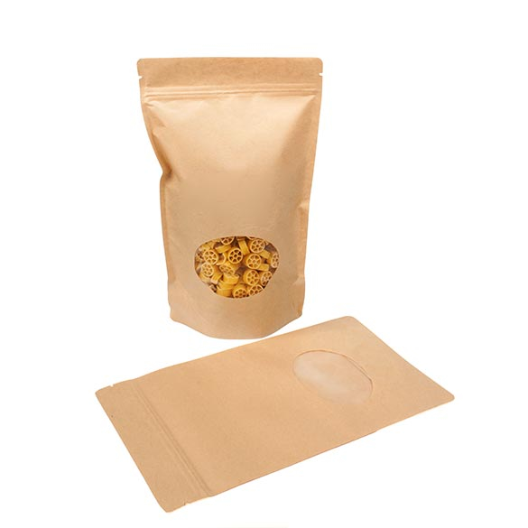 Standbodenbeutel Kraft 17.1x8.9x28.6cm | 340 Gramm mit rundem Fenster (100 Stück) [ZBGO4K]