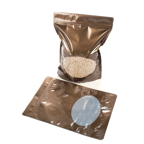 Standbodenbeutel Bronze 21x9x29cm | 510 Gramm mit rundem Fenster (100 Stück) [ZBGO5BZ]