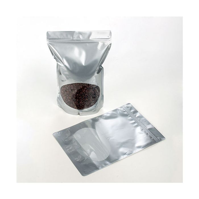 Standbodenbeutel Silber 23x12x34.5cm | 900 Gramm mit rundem Fenster (100 Stück) [ZBGO6S]