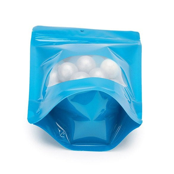 Standbodenbeutel Blau 14.9x8.9x23.2cm | 310 Gramm mit rundem Fenster & Aufhängeloch (100 Stück) [ZBGO7BLH]