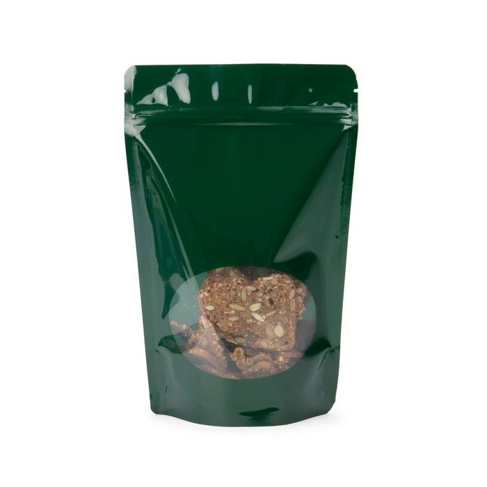 Standbodenbeutel Dunkelgrün 14.9x8.9x23.2cm | 310 Gramm mit rundem Fenster (100 Stück) [ZBGO7HG]