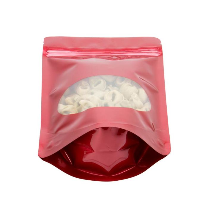 Standbodenbeutel Rot 14.9x8.9x23.2cm | 310 Gramm mit rundem Fenster (100 Stück) [ZBGO7R]