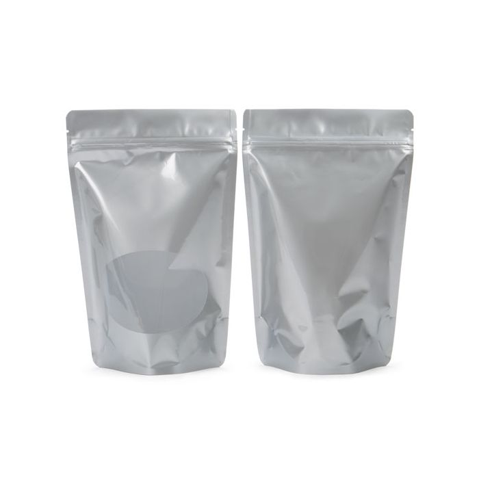 Standbodenbeutel Silber 14.9x8.9x23.2cm | 310 Gramm mit rundem Fenster (100 Stück) [ZBGO7S]