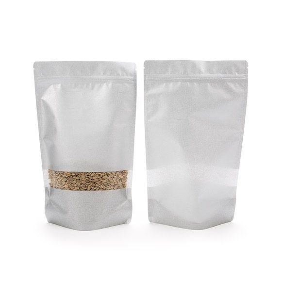 Standbodenbeutel Reispapier Silber 17.1x8.9x28.6cm | 340 Gramm mit Fenster (100 Stück) [ZBGR4S]