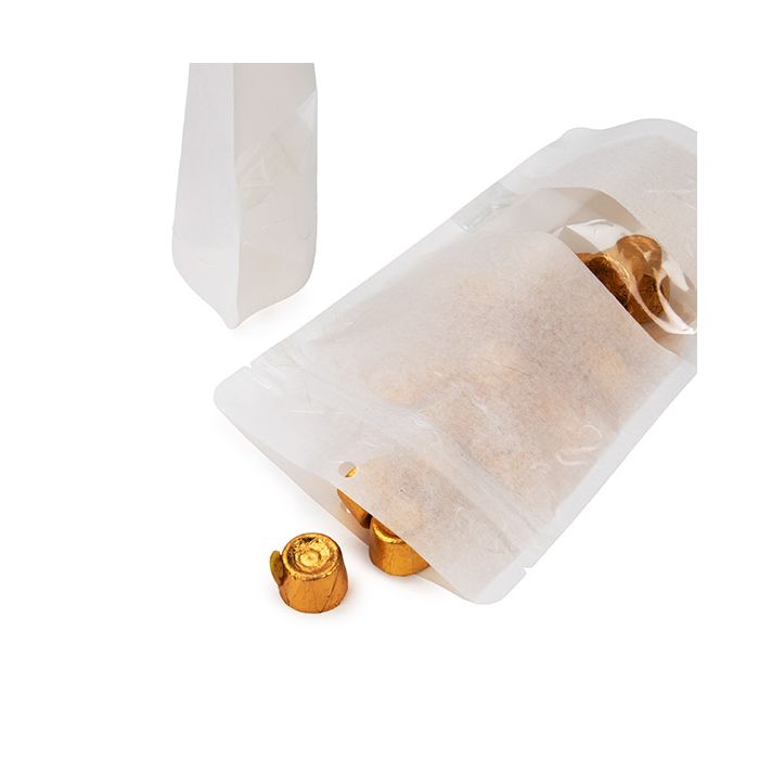 Umweltfreundliche Standbodenbeutel Rice Papier Weiß mit Oval Rectangle mit Hangole 13x7,9x20,6 cm (100 Stück) [ZBGRC3W]