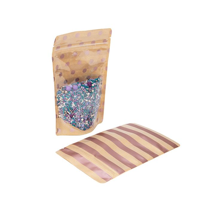 Stand Up Pouches Transparent/Kraft with Rose Gold Dots & Stripes Pattern 13x7,9x20,6 cm