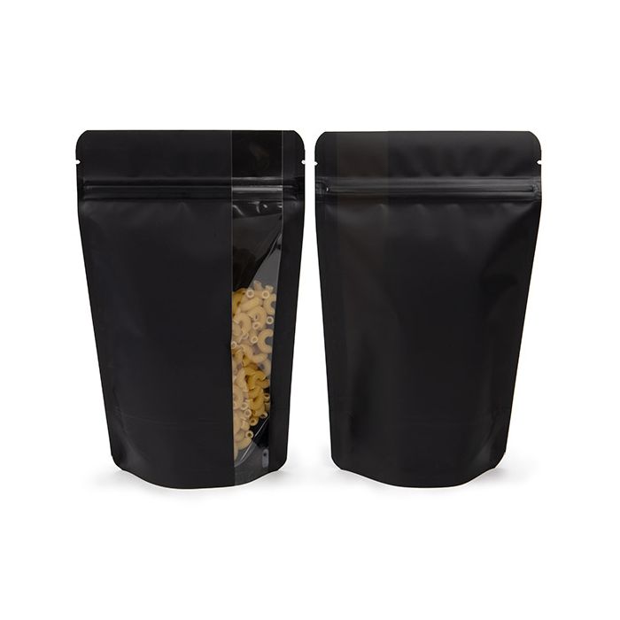 Standbodenbeutel Matt Schwarz mit Vertikalen Fenster 13x7,9x20,6 cm (100 Stück) [ZBGV3MB]