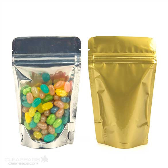 Standbodenbeutel Transparent/Gold 9.5x5.7x15.7cm | 57 Gramm (100 Stück) [ZBGG35]